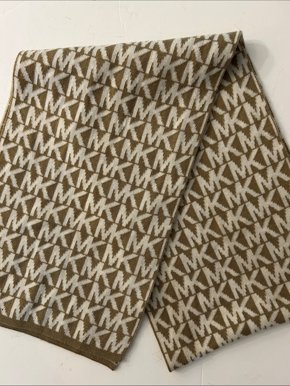 Michael Michael Kors Logo Scarf tan and white knit winter scarf